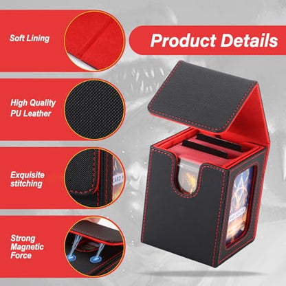 MTG Deck Box, Double Display Window, Commander Deck Box Fits 120+ Single Sleeved Cards, PU Leather Magnetic Closure Card Box with 2 Dividers&2 Toploaders for TCG, CCG, Black/Red - color: Black/Red, size: 1 pack