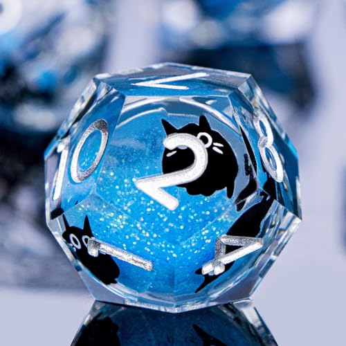 DND Cat Dice Set Blue Sharp Edge Dice with Box, RPG D and D Dice Dungeons Dragons Role Playing Game Polyhedral Resin Dice Set D20 D12 D10 D8 D6 D4 - color: Silver Blue
