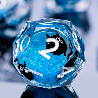 DND Cat Dice Set Blue Sharp Edge Dice with Box, RPG D and D Dice Dungeons Dragons Role Playing Game Polyhedral Resin Dice Set D20 D12 D10 D8 D6 D4 - color: Silver Blue