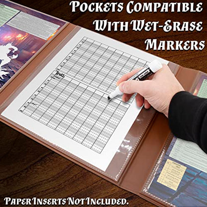 CASEMATIX DM Screen Faux Leather 8-Panel Deluxe GM Screen - Eight Panel Folding Game Master Screen with 2 Swinging Panels and Wet Erase Pockets for TTRPGs, Inserts Not Included, Brown - color: Brown