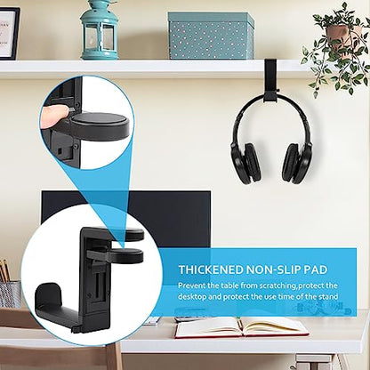 Headphone Stand, Desktop Headset Holder 360° Rotating & Adjustable Arm Clamp, Gaming Headset Hanger with 2 Data Cable Protection Ropes, for Controllers and Headphones