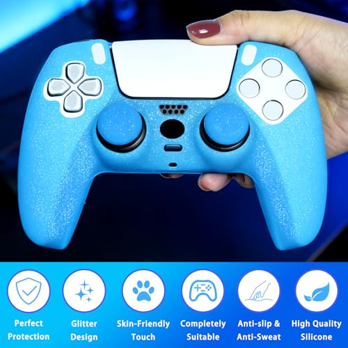 Blue Glitter Anti-Slip Protective Silicone Cover Skin Grips Compatible with PS5/Slim/Pro Controller,8 PCS Glitter Thumb Grips Caps and 2 Grips Caps. (Glitter Blue) - color: Blue