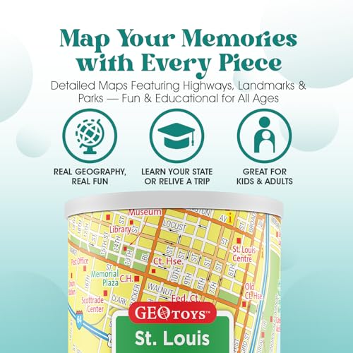 Geotoys St. Louis Mini City Puzzle - 100 Piece Puzzles for Kids and Adults in Portable Can, 13" x 10" Educational Travel Puzzle for Ages 7 and Up - Mini Puzzles to Learn & Explore Geography - style: St. Louis