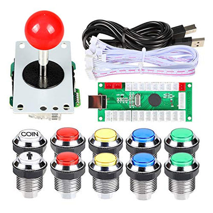 Fosiya 1 Player LED Arcade DIY Kits USB Encoder to PC Joystick + 10 x LED Chrome Arcade Buttons for PC, MAME, Raspberry Pi, Windows