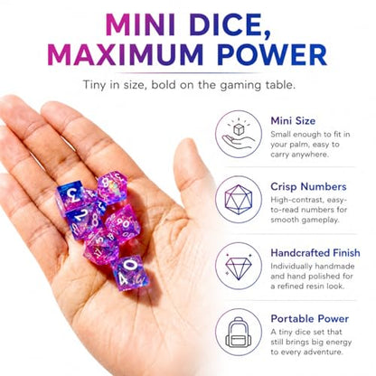 Mini DND Dice Set Tiny Dice 7 Pcs Handmade Sharp Edge Accessories Dice for Dungeons and Dragons, Polyhedral Resin Dice - color: Mini--blue Pink