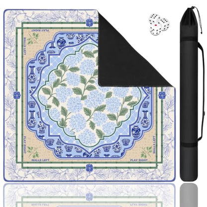 Blue Chinoiserie Mahjong Mat for Table, 31.5 * 31.5in Anti Slip American Mahjong Mats, Noise Reduction, Neoprene Mah Jongg Mat, Mahjong Set Gift for Poker/Card Board Tile Games Table Mats, Floral Vase - color: Blue Flowers