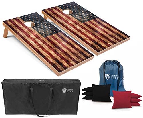 Tailgating Pros Rustic American Flag Cornhole Boards w/Bean Bags - 4'x2' Distressed Flag Cornhole Game w/Multicolored LED Ring, Carrying Case & Corn Hole Bags - color: Black / Scarlet