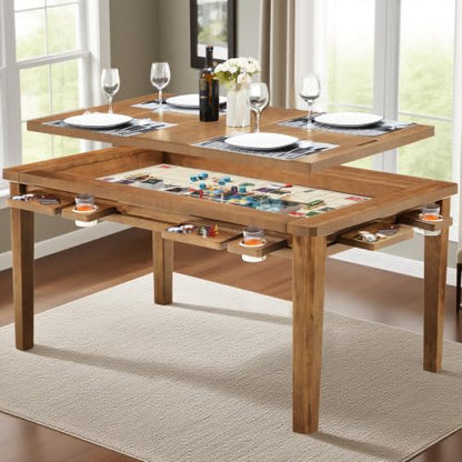 63"x39" Board Game Table with Removable Top Solid Wood Dining/Gaming Table | Gaming Table for 4-6 Players with Play Mat, 6 Detachable Cup Holders & 6 Hobby Trays (Rosewood) - color: Rosewood