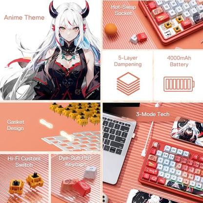 Redragon K673 PRO Wireless 81-Key RGB Gasket Gaming Keyboard, Scroll Knob | Multi-Function Control Wheel, 0-Delay Tri-Mode, Cushioned 5-Layer Noise Dampening for Creamy Thocky Sound, Compact 80% Size - color: Flaming Red (Anime Version), size: 81 Keys + N