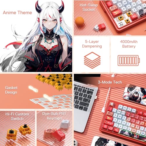 Redragon K673 PRO Wireless 81-Key RGB Gasket Gaming Keyboard, Scroll Knob | Multi-Function Control Wheel, 0-Delay Tri-Mode, Cushioned 5-Layer Noise Dampening for Creamy Thocky Sound, Compact 80% Size - color: Flaming Red (Anime Version), size: 81 Keys + N