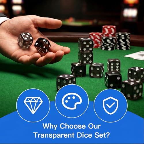 12 Piece 19 mm Casino Style Dice Set, Acrylic Translucent D6 Dice with Square Rounded Edge, Black for Craps, Table Games, Board Games, RPG, MTG, DND(Black) - color: Black