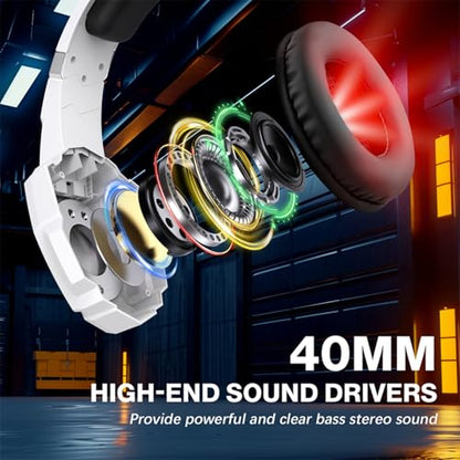 LICAEVEY Gaming Headset, Over Ear Headphone with Noise Cancellation Mic, LED Light, 40mm Drivers, 120 Adjustable Mic for PC, Laptop, Phone, Console (White) - color: White