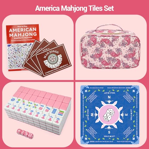 American Mahjong Tile Set, 166 Tiles (1.2”), Cute Mini Mahjong Tiles- Pink | Mahjong Tile Set with Carrying Bag, Dice, Mat, Portable Travel Complete Game Set for Home Outdoor Enthusiast Gift - color: Pink