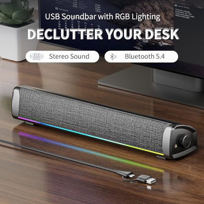 Computer Speakers for Desktop PC, Gaming Soundbar with 4 Drivers, 12 RGB Lighting Modes, USB/USB-C Powered PC Speakers, Plug & Play Monitor Sound Bar with Mic & Headphone Jack for Laptop, PC, Black