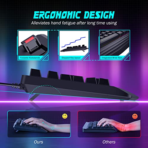 yesbeaut Gaming Keyboard, 7-Color Rainbow LED Backlit, 104 Keys Quiet Light Up Keyboard, Wrist Rest, Whisper Silent, Anti-ghosting Multimedia Keys, Waterproof USB Wired Keyboard for PC Mac Xbox - color: black