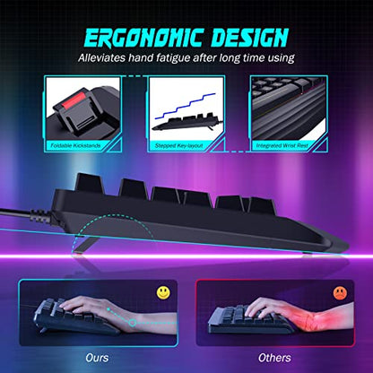 yesbeaut Gaming Keyboard, 7-Color Rainbow LED Backlit, 104 Keys Quiet Light Up Keyboard, Wrist Rest, Whisper Silent, Anti-ghosting Multimedia Keys, Waterproof USB Wired Keyboard for PC Mac Xbox - color: black