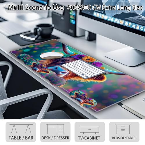 Large Gaming Mouse Pad Set with Wrist Support – 31.5" x 11.8" 4-in-1 XXL Mousepad with Keyboard Wrist Rest, Mouse Wrist Rest & Coaster – Ergonomic Desk Mat for Office, Home – Highland Cow Flower - color: Highland Cow Flower