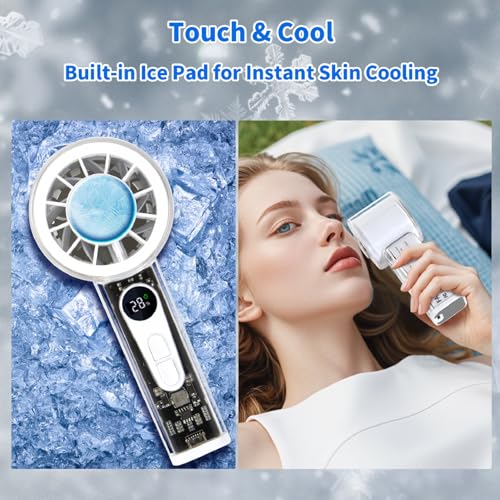 Portable Handheld Fan with Ice Cooler, 5000mAh Battery, 6 Speeds, LED Digital Display, Turbo High Speed Personal Fan, Transparent Design for Travel, Summer, Outdoor, Concerts, White - color: White