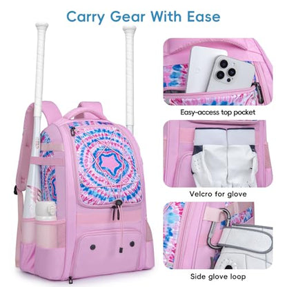 KAVIGOR Baseball Bag for Youth | Softball Backpack 50L Large Capacity with Shoe Compartment and 4 Bat Holders | Nova Flare Series - color: Pink
