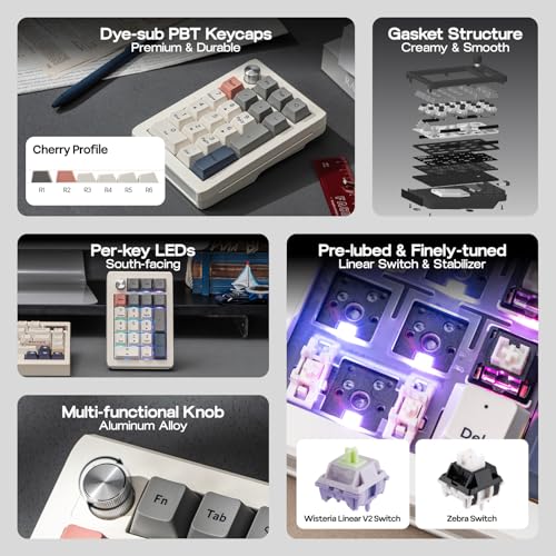 EPOMAKER EK21 VIA Gasket Number Pad w/ 1000mAh Battery, BT 5.0/2.4GHz/Wired | Hot-Swap Numpad with Aluminum Alloy knob, Programmable for Win/Mac/Gaming (Retro White, Wisteria V2 Switch) - color: Retro White, size: Wisteria V2 Switch