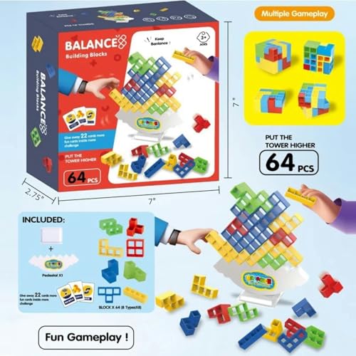 64 Pcs Stacking Tower Game with 22 Cards, Giant Tumble Balance Game for Kids, Family Games for Kids and Adults, Easter Gifts for Teen Boys & Girls, Party Board Game for Kids 6-12 & Adults