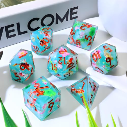 XENOLUX Polyhedral Resin DND Dice Set - Sharp Edge RPG Dice with Koi Fish and Lotus Inclusions, Cyan Tabletop Board Games Accessories in Tin Box for Dungeons and Dragons (L23) - color: L23