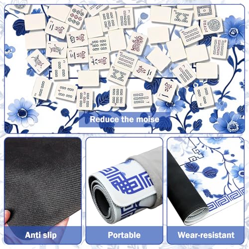 Mahjong Mat 31.5" x 31.5" – Blue Chinese Floral Design, Rubber Non-Slip Noise-Reducing Game Table Cover for Mahjong, Poker, Dominoes & Board Games (Blue)