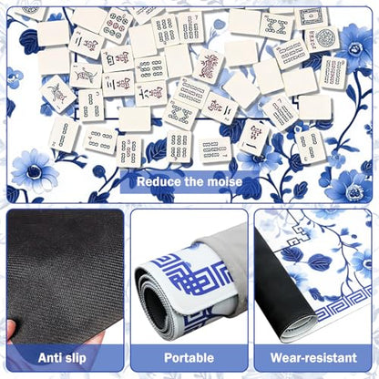 Mahjong Mat 31.5" x 31.5" – Blue Chinese Floral Design, Rubber Non-Slip Noise-Reducing Game Table Cover for Mahjong, Poker, Dominoes & Board Games (Blue)