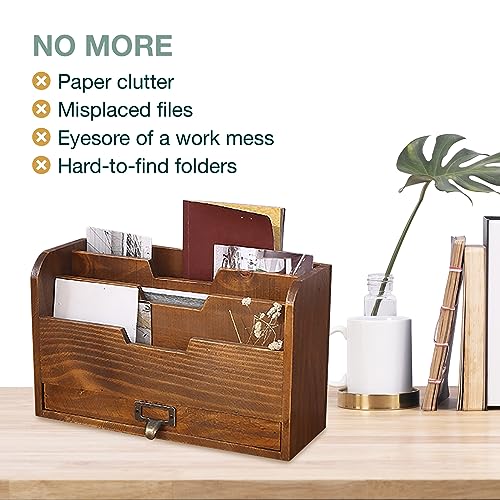 Rustic Wooden Desk Organizer - Vertical File Sorter with 3 Compartments & 1 Paper Tray Drawer - Mahogany Wood