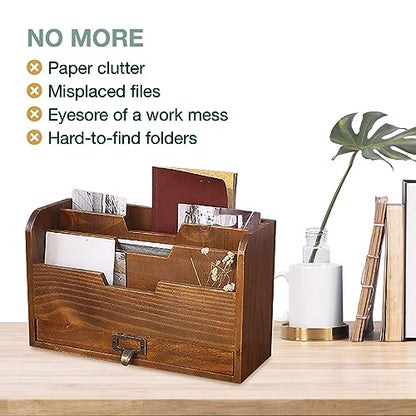 Rustic Wooden Desk Organizer - Vertical File Sorter with 3 Compartments & 1 Paper Tray Drawer - Mahogany Wood