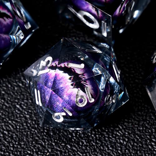 Beholder's Dragon Eye DND Dice Set, 7pcs Liquid Core Dice with Gift Box, Handmade Sharp Edge Resin Dice for Role Playing Dungeons and Dragons Ttrpg(Dark Purple Dragon Eye) - color: Purple Dark Dragon Eye