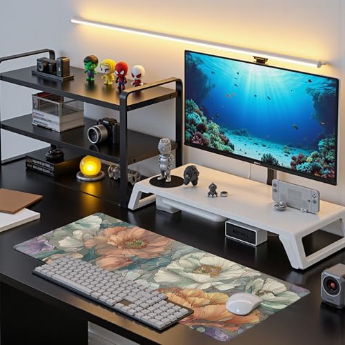 Japanese Floral Mouse Pad Abstract Boho Mouse Pad 31.5x11.8 Inch Aesthetic Flower Texture Non-Slip Rubber Base Large Mousepad Stitched Edges Keyboard Mouse Mat Desk Pad for Office and Home - color: Floral
