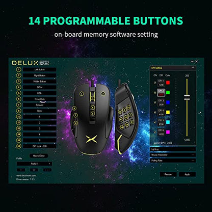 DELUX Wired MMO Gaming Mouse with 4 Interchangeable Side Plates, 12400DPI, 14 Programmable Buttons, RGB Light, 1000Hz Report Rate, Pro Ergonomic Gamer Mouse for PC Computer Laptop (M631-Black)