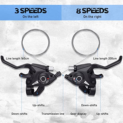 TOBWOLF Bicycle Brake Levers Shifter, 3x8 24 Speed Mountain Bike shifters Set, Left Right Brake Lever Shifter Kits with Gear Indicator, Replacement with Shift Cables for Moutain Bike Folding Bike - color: 3x8 24 Speed