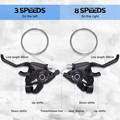 TOBWOLF Bicycle Brake Levers Shifter, 3x8 24 Speed Mountain Bike shifters Set, Left Right Brake Lever Shifter Kits with Gear Indicator, Replacement with Shift Cables for Moutain Bike Folding Bike | Integrated Brake & Shifter Design | Gear Indicator with S