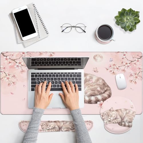 Arttown Keyboard Mouse Pad Set, 4 in 1 Desk Mat Set Kawaii Cat | Floral Pink Large Mousepad+Keyboard Wrist Rest+Mouse Wrist Rest+Coaster Ergonomic Design for Home Office Computer - color: Cat Pink Floral