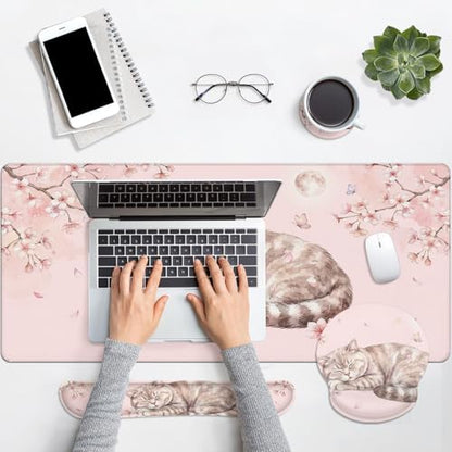 Arttown Keyboard Mouse Pad Set, 4 in 1 Desk Mat Set Kawaii Cat | Floral Pink Large Mousepad+Keyboard Wrist Rest+Mouse Wrist Rest+Coaster Ergonomic Design for Home Office Computer - color: Cat Pink Floral