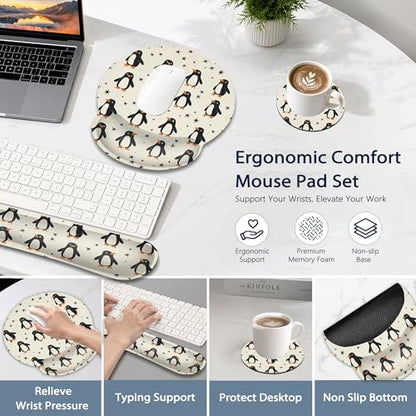 Funny Penguin Wrist Rest Mouse Pad and Keyboard Support Set,Cute 3 in 1 Ergonomic Memory Foam Mousepad with Non Slip Base, Gaming Mouse Pad for Office and Home - color: Funny Penguin Cute