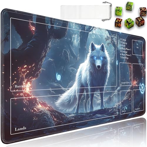 for MTG Playmat with Zones, for TCG Playmat and Board Game Mat with Storage Bag and 6 Dice, 24x14in Non-Slip for MTG Mat, Glowing Wolf Pattern Magic Trading Card Mat Mousepad - color: Jv-playmat-p7-2k-d108