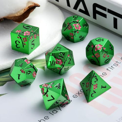 Matt Green Metal Dice Set, DNDND 7 PCS Heavy Metallic D&D Dice Set with Gorgeous Gift Case for Dungeons and Dragon Tabletop Game (Matte Green with Pink Flower) - color: Flower Green