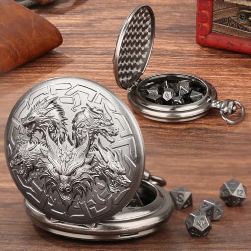 Mini DND Dice Set with Retro Five Dragon Heads Pocket Watch Shell Case, DND Starter Set, 7pcs Polyhedral Mini Metal Dice Set, D&D Gifts with Gift Box, Role Playing Board Game Accessories, Silver - color: Dark Silver