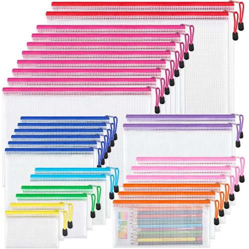 JARLINK 30 Pcs Mesh Zipper Pouch Bags, 8 Sizes Waterproof Zipper Bags | Multi-use Travel Bags for Office, School, Board Game, Puzzles, Cosmetics, Travel Accessories, and Home Organization, 9 colors - style: 30pcs