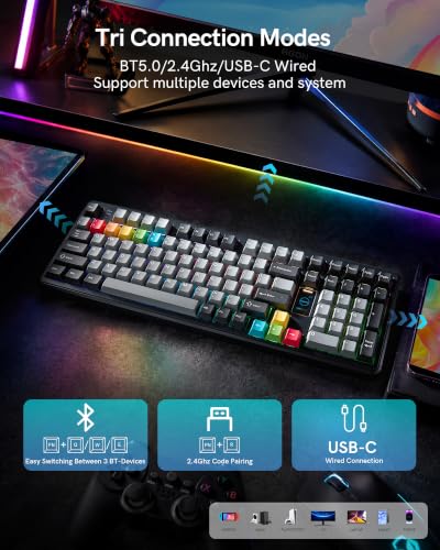 Keymatic Mechanical Keyboard Wireless,98% Pink Creamy Keyboard Gaming Keyboard,3 Mode with Multimedia Screen,RGB Backlit,Black - color: Black