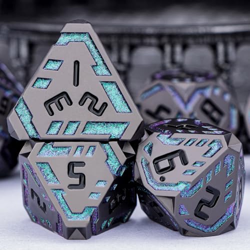 Metal DND Sci-fi Dice Set 7PCS Stripe Polyhedral Dice for Dungeons Dragons RPG Role Playing Game, Glitter D and D Dice with Gift Box D6 D8 D10 D12 D20 (Black&Green Purple) - color: Black - Green Purple