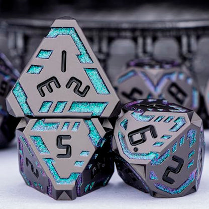 Metal DND Sci-fi Dice Set 7PCS Stripe Polyhedral Dice for Dungeons Dragons RPG Role Playing Game, Glitter D and D Dice with Gift Box D6 D8 D10 D12 D20 (Black&Green Purple) - color: Black - Green Purple