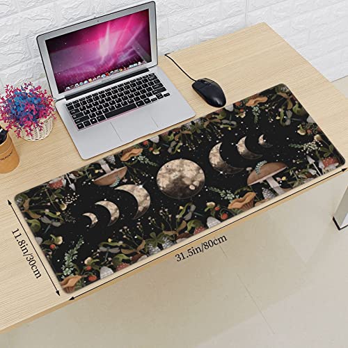 Galaxy Mouse Pad XL Extended Desk Mat, Computer Mousepad | Moon Phase Flower Mushroom Non Slip Rubber, Base Stitched Edge, Gaming Pc Large Mice Pad 31.5 x 11.8 Inch - color: Black25