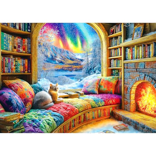 Northern Lights Landscape Jigsaw Puzzles for Adults Fantasy Fairy Cat 1000 Piece Book Room Puzzle for Adults with Letters on Back Challenging Family Puzzle - color: Northern Lights, size: (27"X19")