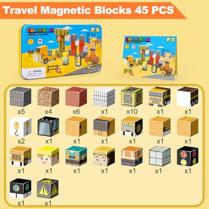 Travel Magnetic Blocks 45 PCS Mini Building Cubes with Case Construction | Travel Toy for Airplane Plane Car Road Trip, Mini Cubes STEM Learning Portable Building Toys Gift for Toddler Kids Ages 3-5