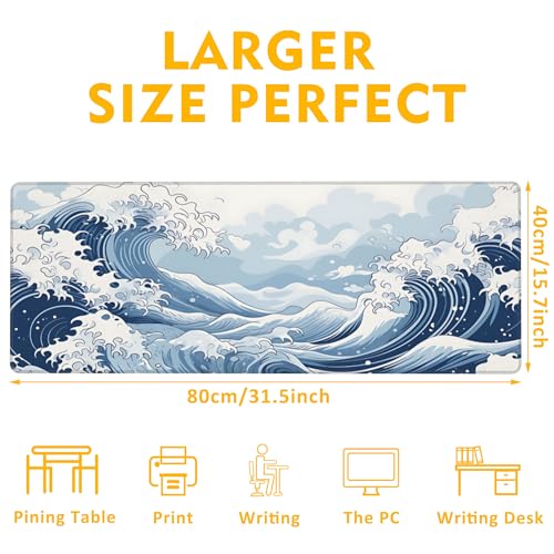 Mountain Gaming Mouse Pad,Japanese Blue and White Sea Wave Desk Mat,31.5""X15.7"" Large Desk Pad with Stitched Edge Non-Slip Base Keyboard Big Mouse Pad for Office Home Work Gaming, WDQ-D05 - color: Japanese Sea Wave