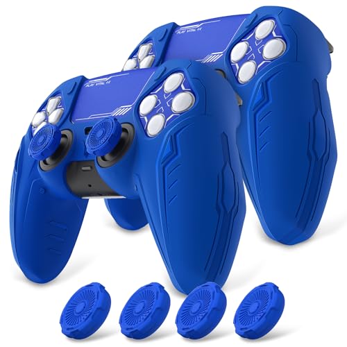 PlayVital 2 Pack Silicone Skin Set for PS5 Controller - Charging Dock Compatible, Full Protection Case with Futuristic CyberMech Design, Soft Cover with Thumb Grips & Stickers - Blue - color: 2 Blue